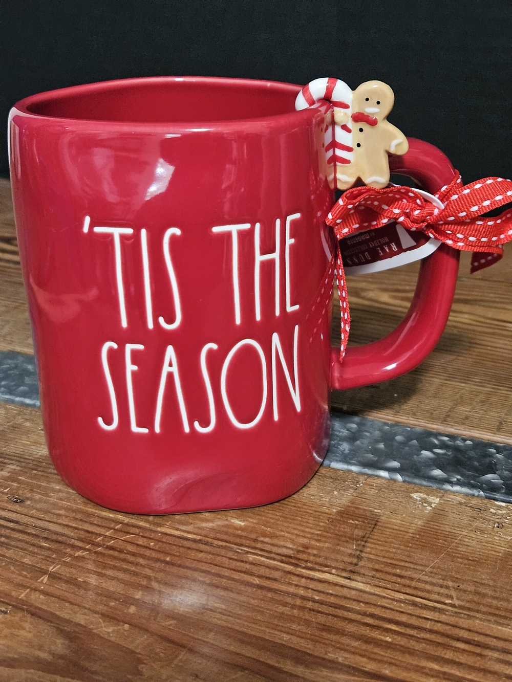 Rae Dunn Holiday 'Tis The Season Red Ceramic Mug with Gingerbread Accent